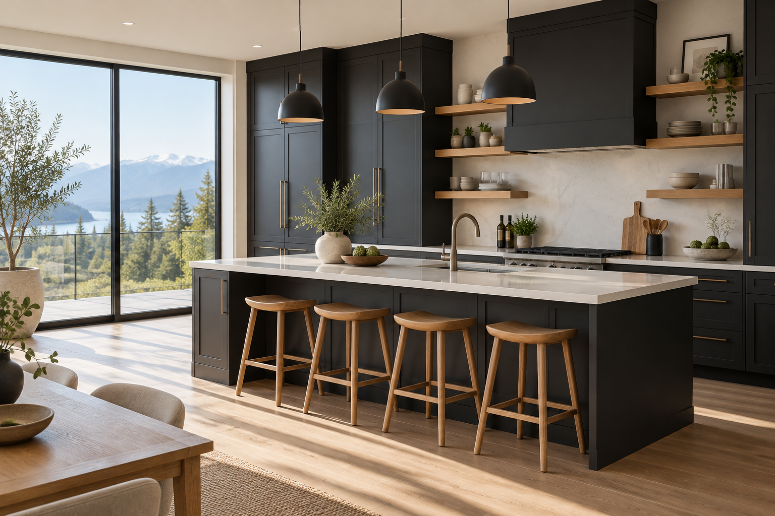 Kitchen inspiration with charcoal cabinets and light quartz countertops