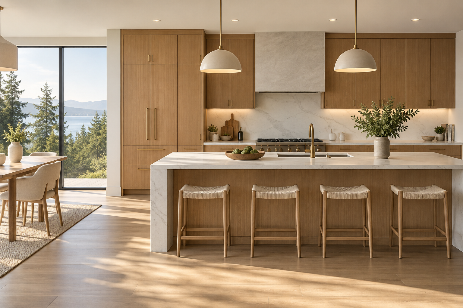 Kitchen inspiration with warm oak cabinets and a stone island